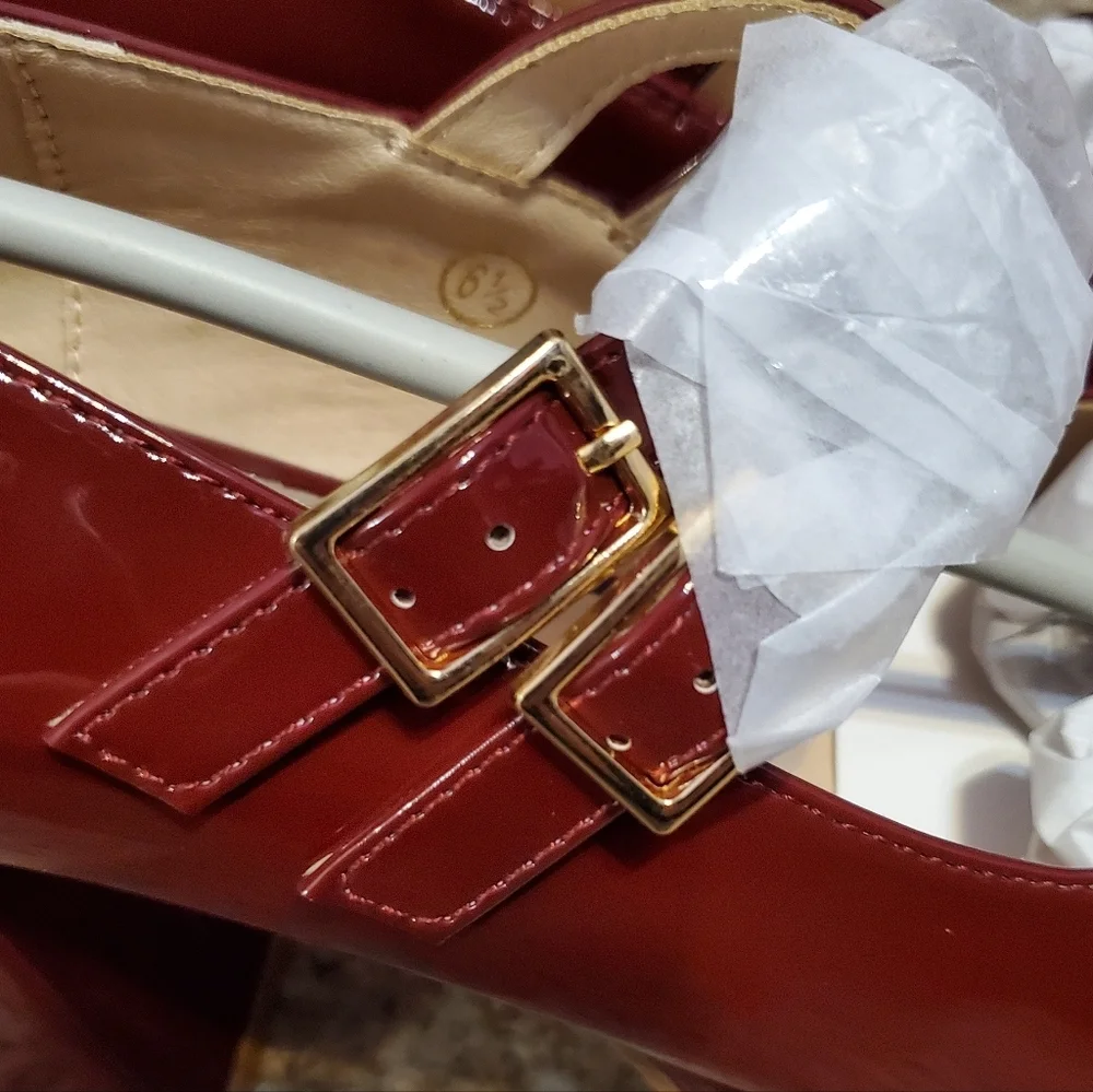 Women's Mary Jane Elegant Burgundy Platform Heels Pumps Retro Chunky 6.5
